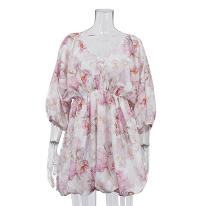 Printed Dress for Women Summer Sexy Backless V neck Puff Sleeve Tied High Waist A line Dress