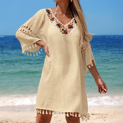 Women Clothing V neck Tassel Holiday Hollow Out Cutout Beach Dress Rose Embellished Hand Crocheting Patchwork Casual Loose Blouse