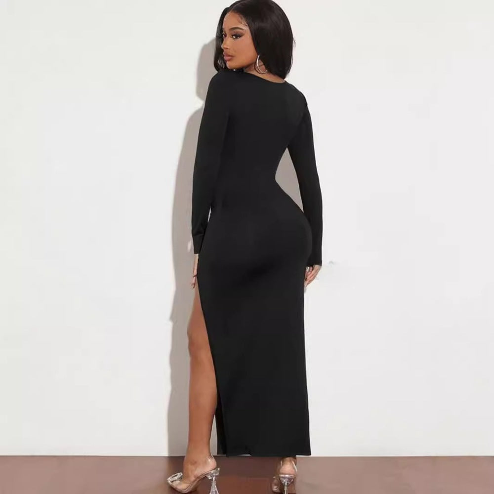 Women Clothing Autumn Square Collar Long Sleeve Solid Color Split Sexy Slim Fit Slimming Dress