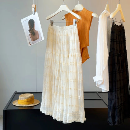French Wooden Ear Embroidery Mesh Women Summer Elegant Slimming A line Mid Length Tiered Skirt