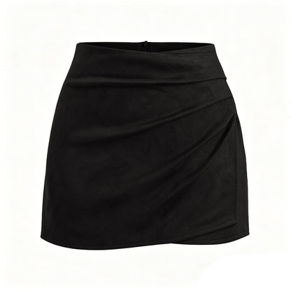 Autumn Winter Women Clothing Heap Pleated Suede Pantskirt High Waist Zipper Casual Short Pantskirt Women