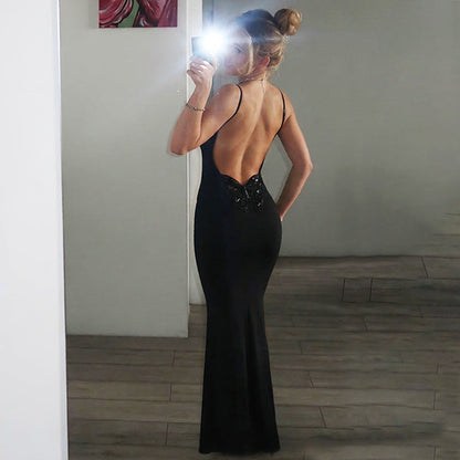 Summer Sequined Butterfly Decoration Solid Color Sexy Suspenders Backless Dress