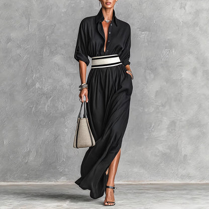 Women Clothing Draping Effect High Slit Maxi Dress Lapels Single Breasted Long Sleeve Dress