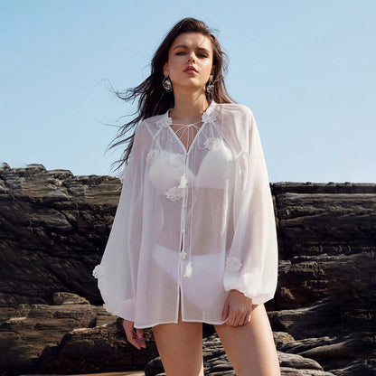 Solid Color Sexy See through Chiffon Beach Cover up Bikini Swimsuit Beach Shirt Women