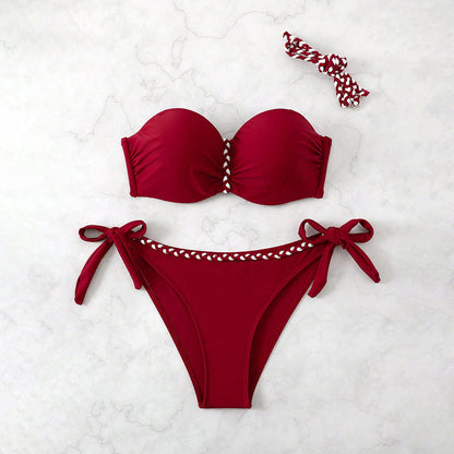 Solid Color Tube Top Sexy Swimsuit Women Sexy Lace up Bikini Beach Swimming Two Piece Sets