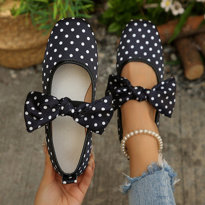 Black White Polka Dot Shallow Mouth Pumps Women Bow Mary Jane Ballet Breathable Boat Shoes