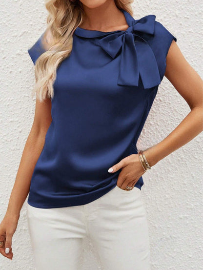 Half Open Collar Bow Satin Top Special Interest Design Satin Women Clothing T shirt