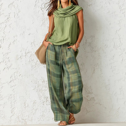 Women Retro Casual Sleeveless Top Plaid Pants Two Piece Sets