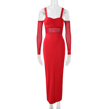 Women Clothing Sexy Spaghetti Straps Corset Slim Mesh Stitching Independent Sleeve Dress