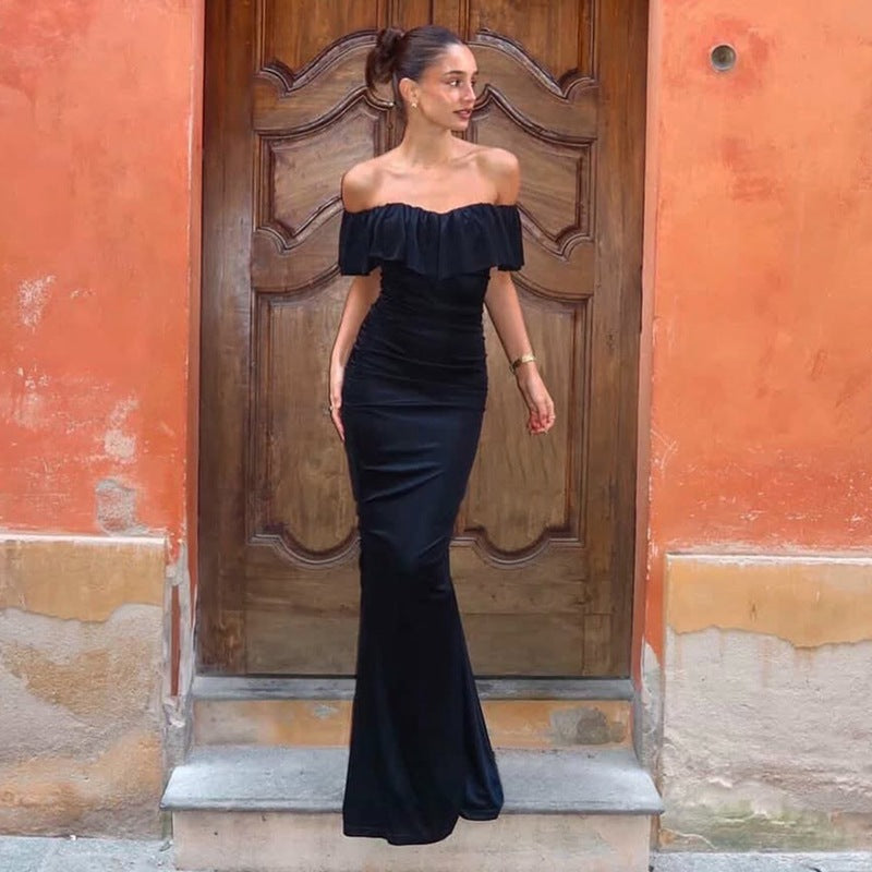 Women Clothing Summer Tube Top off Shoulder Fashionable Pleated Waist Slimming Dress