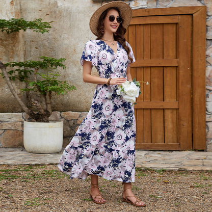 Real Shot Spring Summer Rayon Short Sleeve V neck Slim Fit Figure Flattering Maxi Dress Vacation Dress