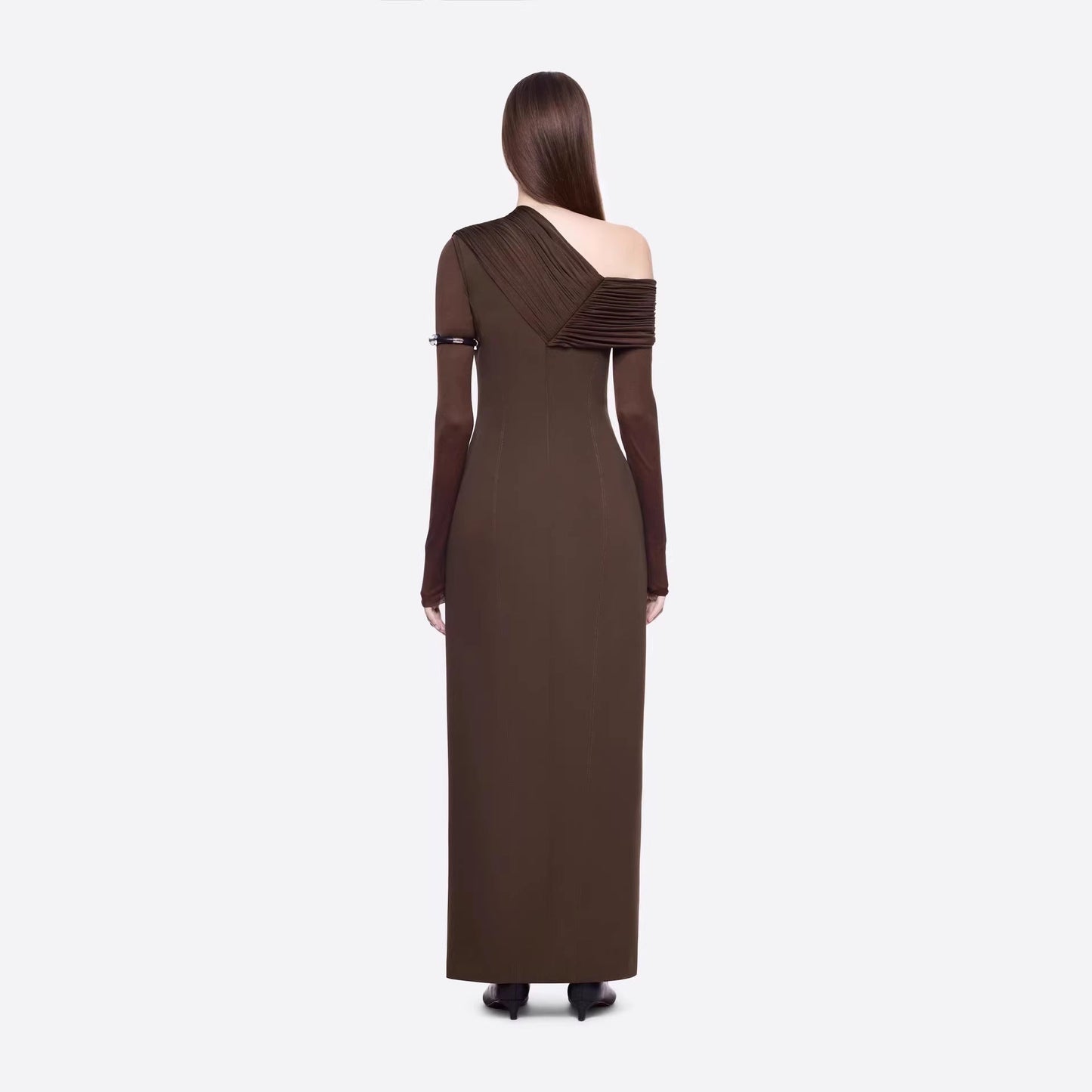 Spring Dark Brown One Shoulder Dress Pleated High Slit Maxi Dress the Dinner Party Host