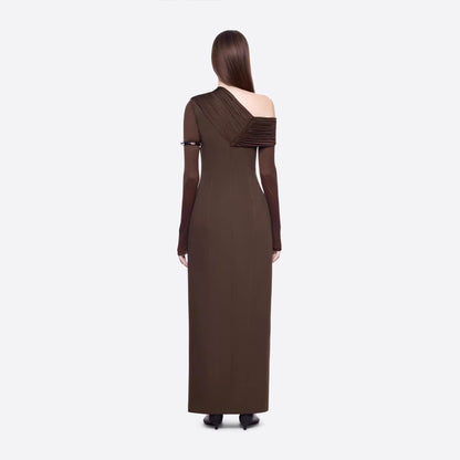 Spring Dark Brown One Shoulder Dress Pleated High Slit Maxi Dress the Dinner Party Host