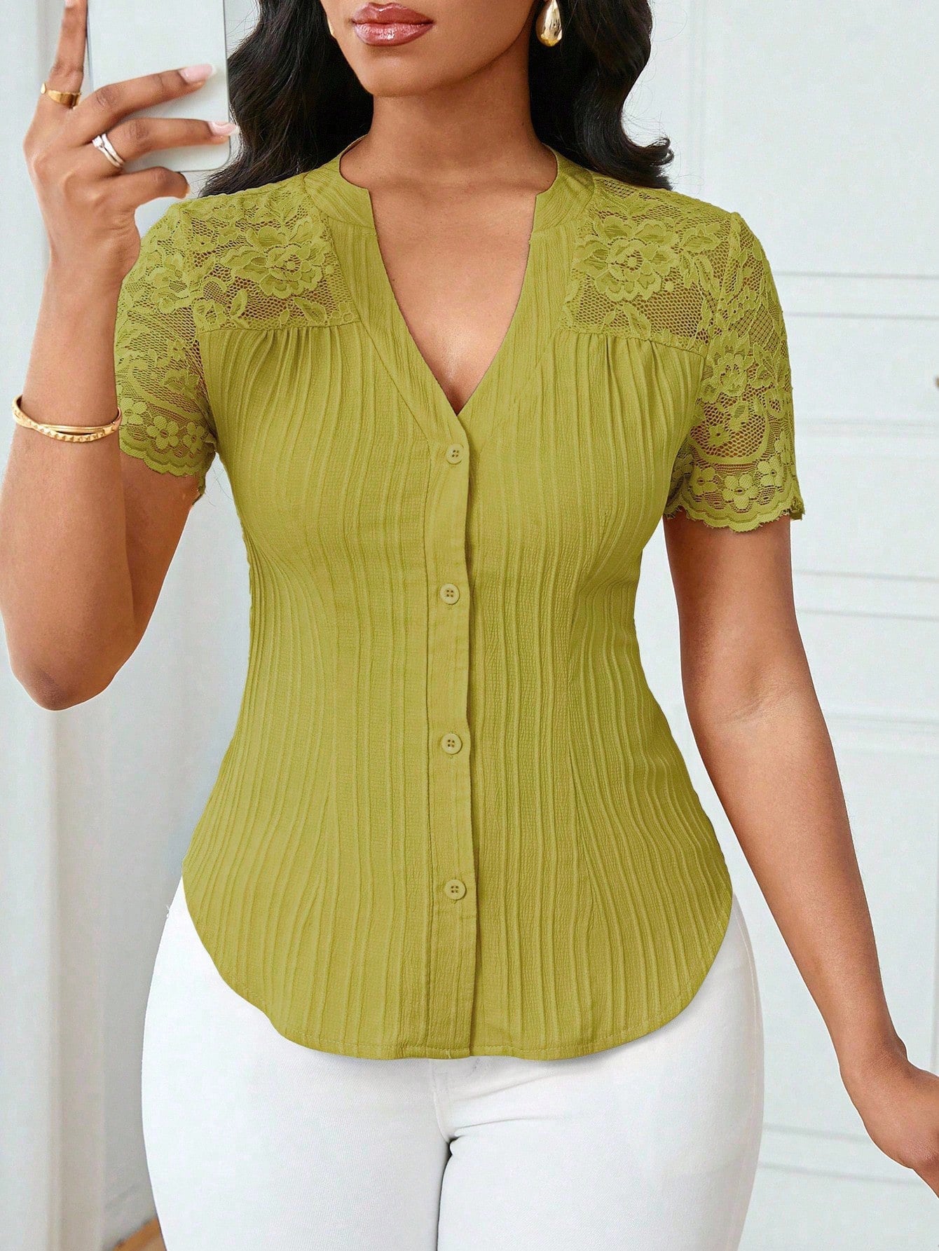 All Match Single Breasted Solid Color Slim Fit Embroidery Hollow Out Cutout Short Sleeve Top