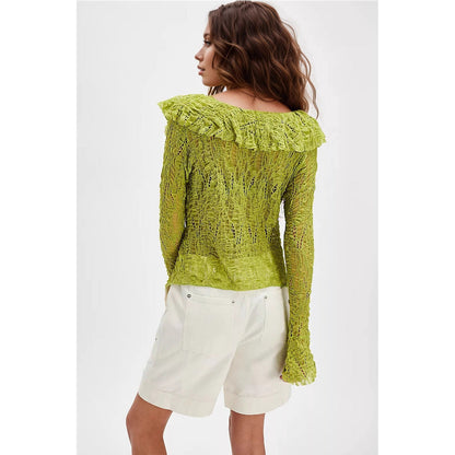 Lace V neck Shirt Women Autumn Ruffles Cardigan Long Sleeve Short Knitted Top
