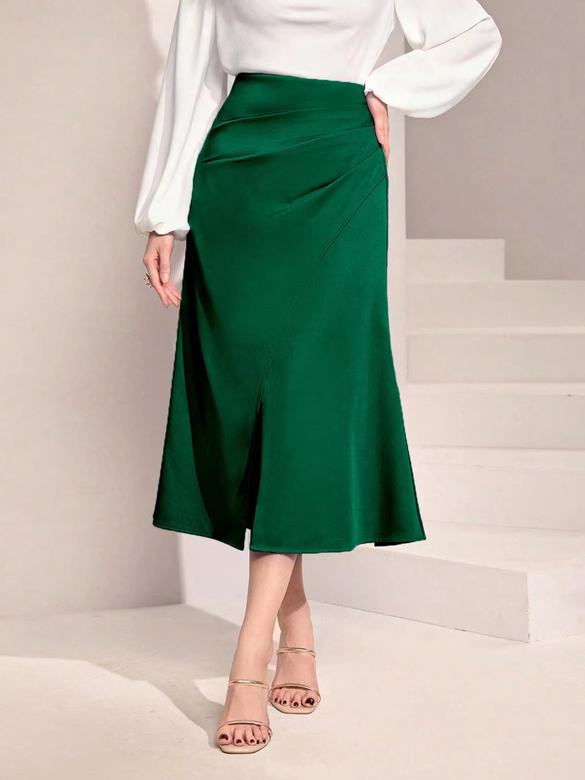 Women Clothing High Waist Satin Pleated Split Dress Solid Skirt Zipper Fishtail Hip Skirt