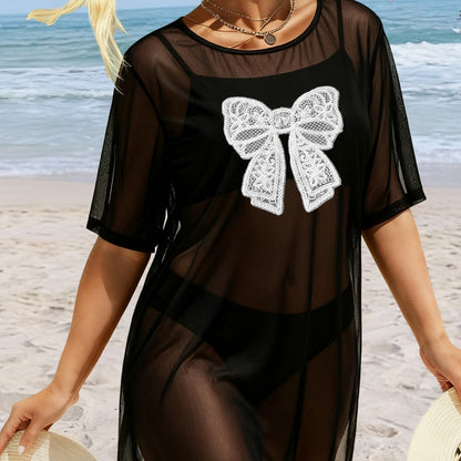 Women Clothing Sexy See through Tulle Skirt Half Sleeve Casual T shirt Lace Bow Three Dimensional Stitching Blouse Women