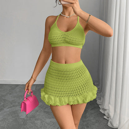 Summer Knitting Beach Dress Slim Fit Sexy Hip Lotus Leaf Bikini Two Piece Sets Women