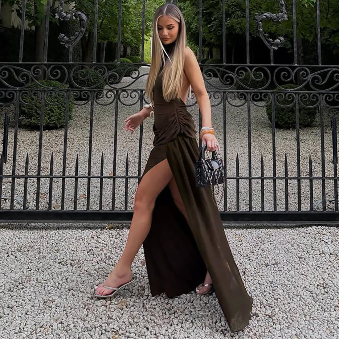 Women Clothing Solid Color Mesh Patchwork Slit Halter Sexy Backless Elegant Dress
