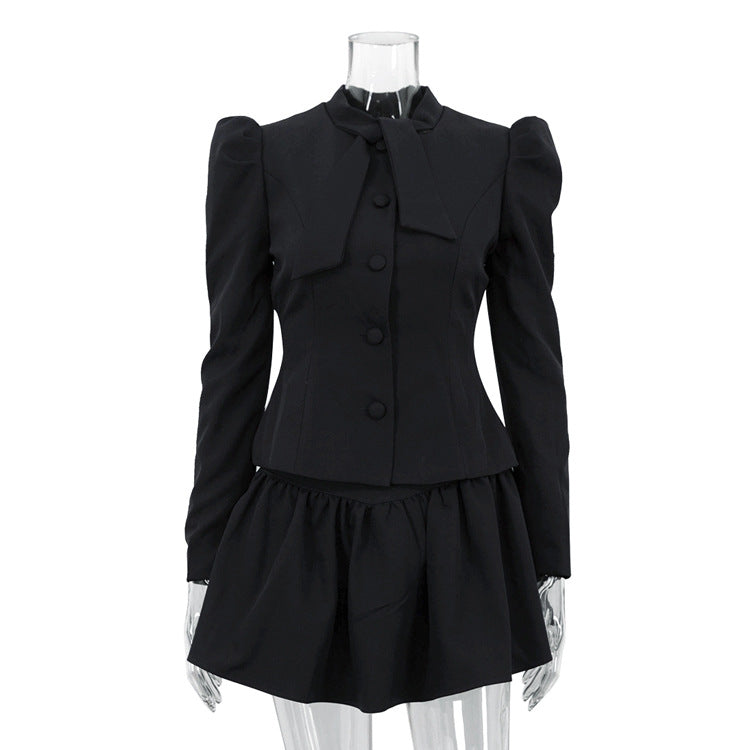 Niche Design Bow Tie Long Sleeve Top Skirt High Sense Two Piece Sets Elegant Outfit Women