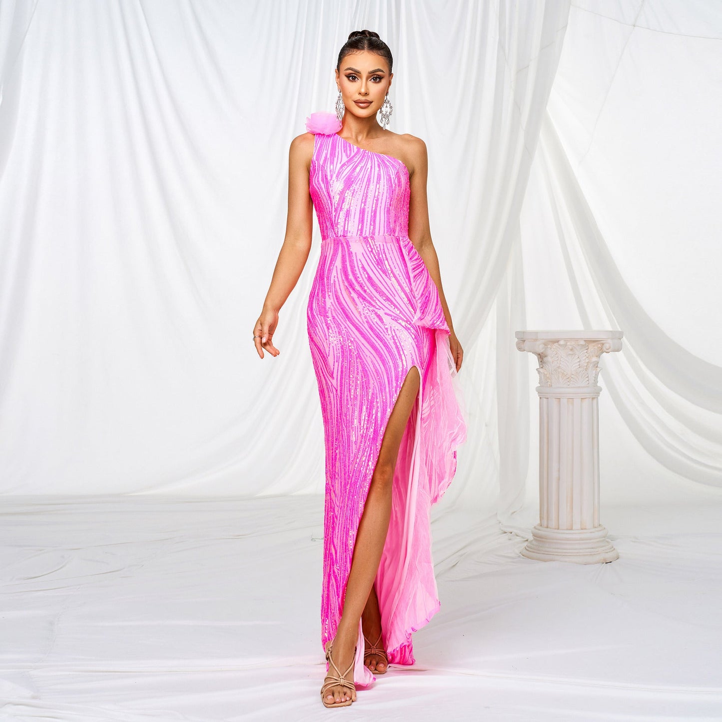 Women Clothing One Shoulder Diagonal Collar Slim Fit Sheath Sequined Split Cocktail Evening Dress