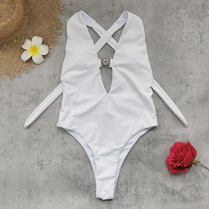 Pure White Sexy Deep V Plunge Halter Strap Backless One Piece Swimsuit Women