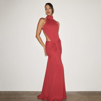 Halter Pleated Slim Fit Maxi Dress High Neck Sexy Backless Cocktail Dress