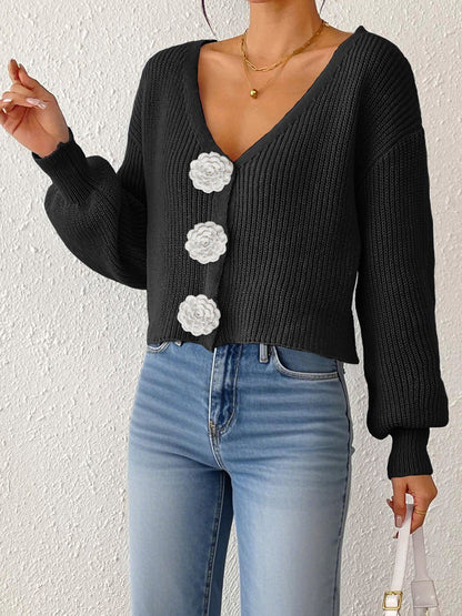 Women Knitted Sweater Street Hipster Short Top Hand Hook Floral Decorative Button Cardigan Short Coat