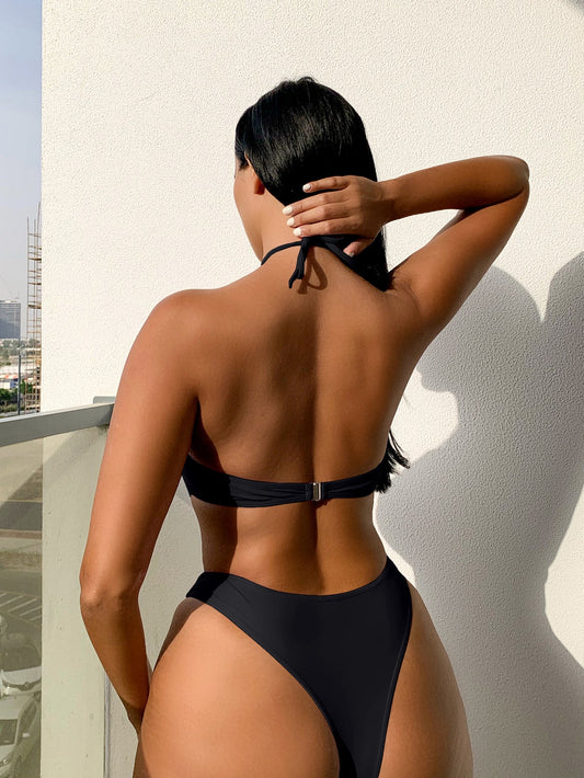 Women One-Piece Swimsuit Halter Sexy Solid Color One-Piece Bikini