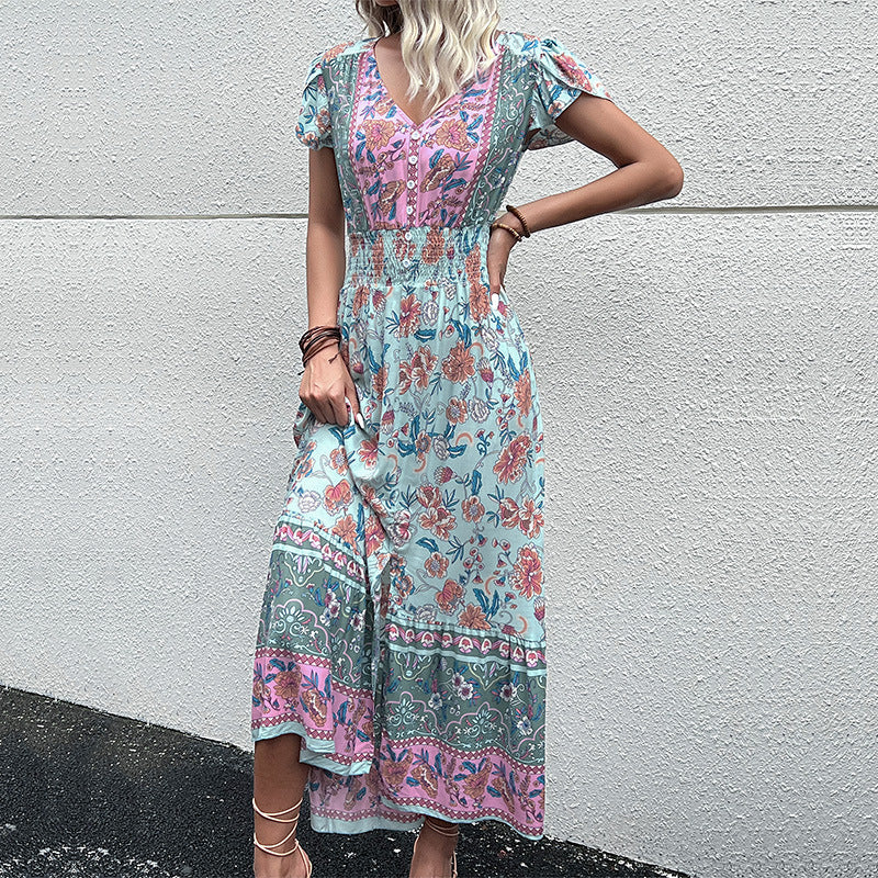 Women Summer Ethnic Holiday Dress V neck Tight Waist Petal Sleeve Mid Length Split Dress