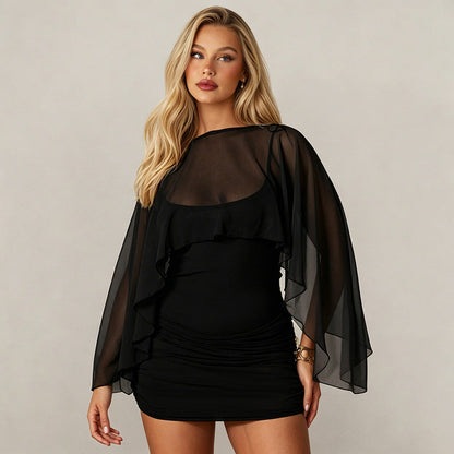 Women Clothing Summer Solid Color Casual Long Sleeves Shawl Straps Tulle Mini Short Dress