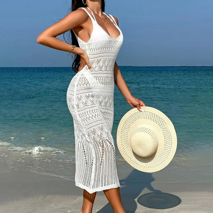 Beach Cover up Sexy Cutout Knitted Long Sling Backless Holiday Sun Proof Dress
