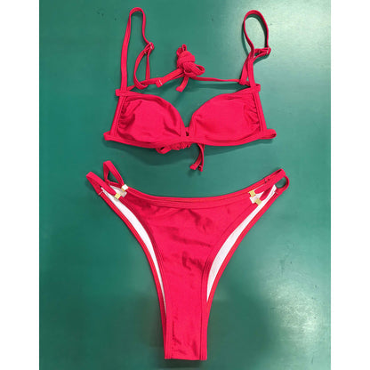 Multi Rope Lace up Sexy Backless Mini Bikini Solid Color Low Waist Split Swimsuit for Women