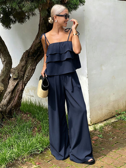 Ruffled Spaghetti Straps Wide Leg Pants Set Women Lace up Waist Controlled Slimming Vacation Two Piece Set