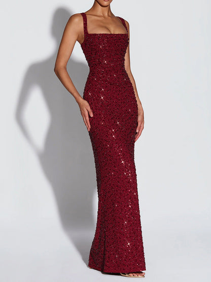 Women Clothing Dress Sequin Sling Evening Dress Dinner Sexy Dress Slim Fit Backless Maxi Dress