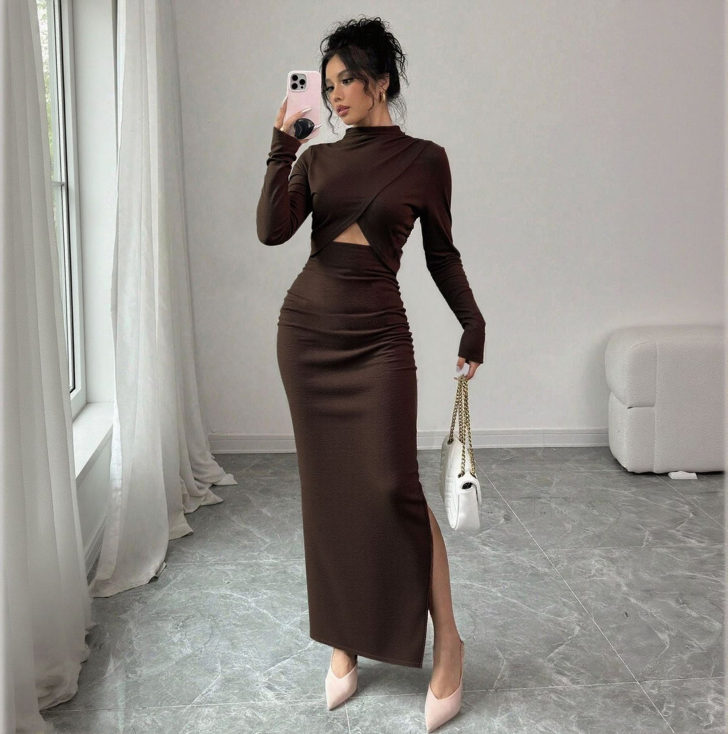 Autumn Winter Sexy Slit Slim Fitting Cropped Outfit Long Sleeve Mid Length Long Sleeve Dress