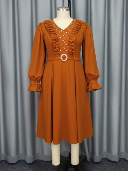 Women V neck Lantern Sleeve Stringy Selvedge Dress Evening Party Beaded Dress