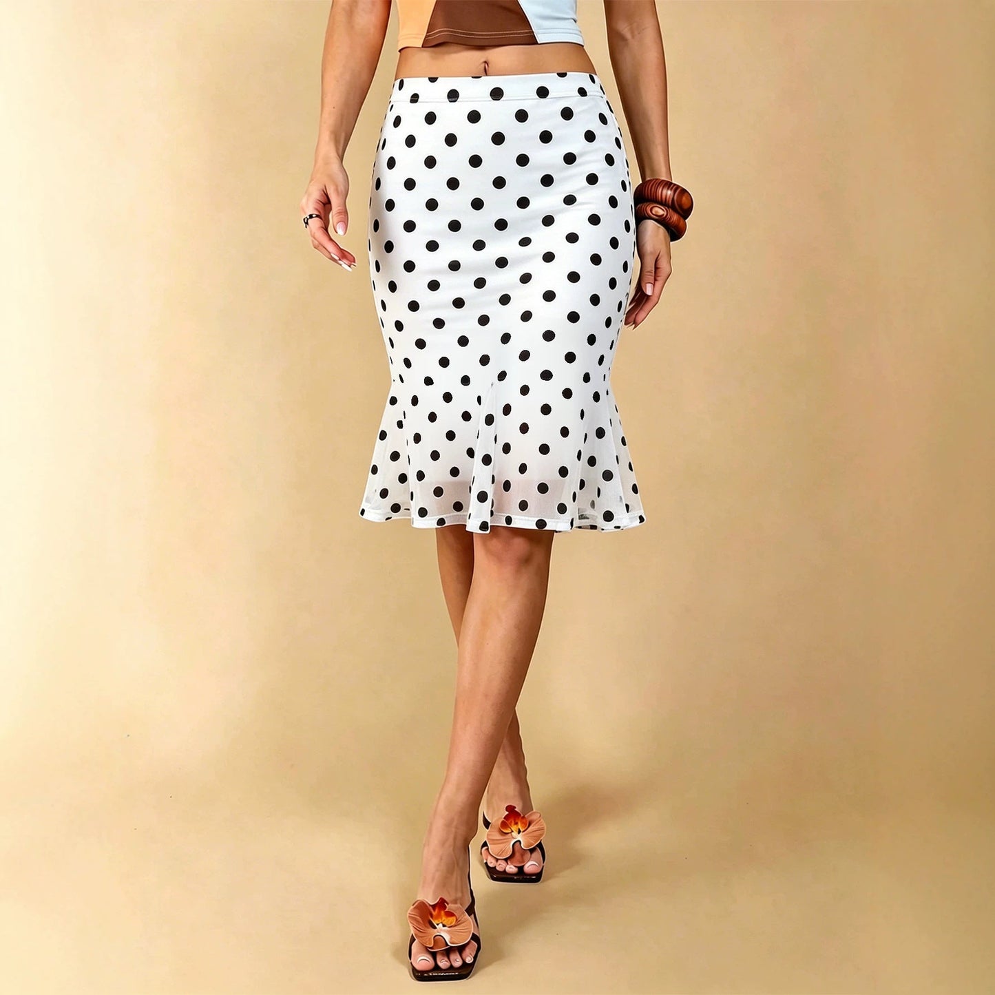 Summer Dot Mesh Fishtail Skirt Retro Ruffled Waist Tight Slimming Skirt