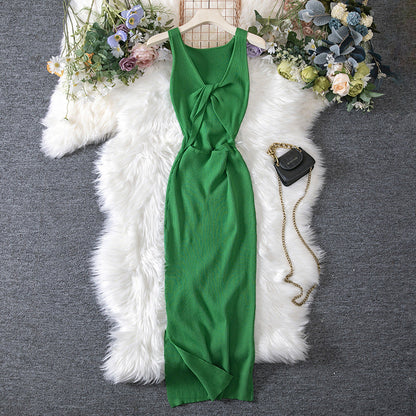 Women Clothing Summer Sexy Kinked Chest Flattering Machine Hollowed Reversible Knitted Dress