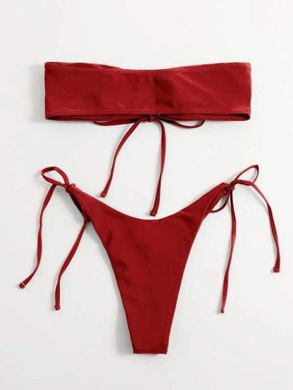 Women Seperated Swimwear Low Waist Basic Strapless Solid Color Tube Top Sexy Bikini
