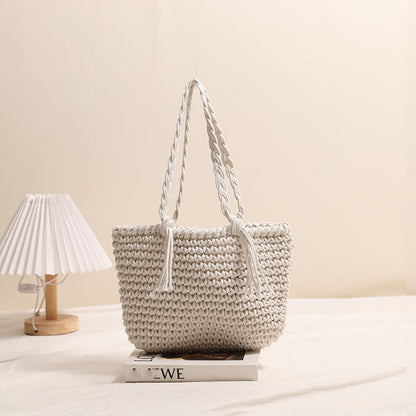 Tassel Shoulder Cotton Thread Woven Bag Solid Color Straw Bag Vacation Beach Bag Casual Women Bag