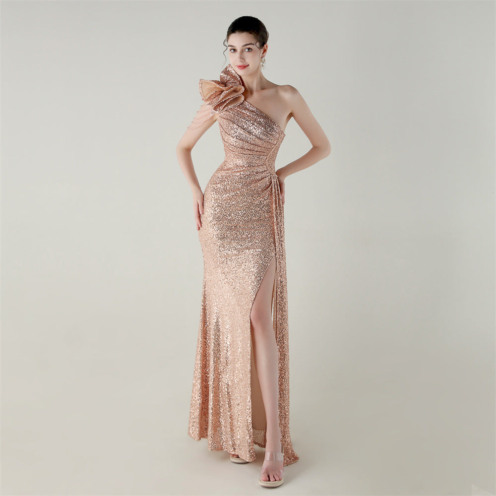 Craft Floral Beaded One Shoulder Diagonal Collar Fishtail Evening Dress Dinner Wedding Awards Ceremony Social Dress