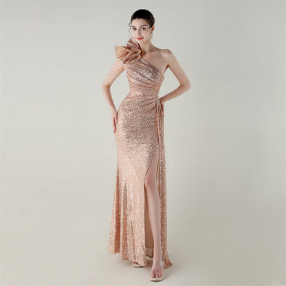 Craft Floral Beaded One Shoulder Diagonal Collar Fishtail Evening Dress Dinner Wedding Awards Ceremony Social Dress