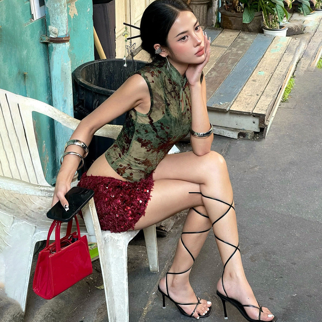 Spring Women Clothing Printed Slim Mandarin Collar Personality See through Sleeveless Waist-Controlled Top