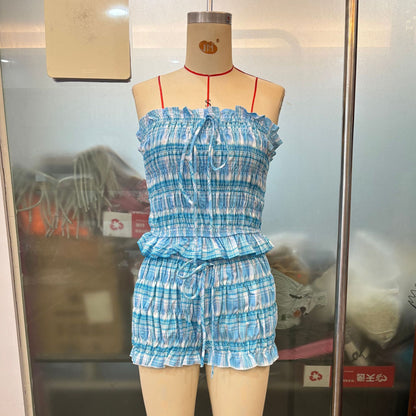 Sexy Blue Plaid Summer Lace up Tube Top Lace Shorts Smocking Set