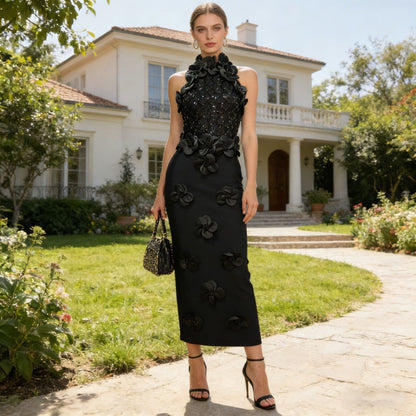 Summer High Grade Sleeveless Sheath Dress Three Dimensional Floral Beaded Slim Slimming Sheath Dress Women