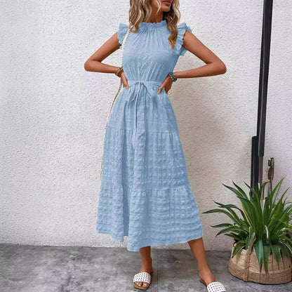 Women Clothing Summer Fashionable Stringy Selvedge Flying Sleeves Lace Up Texture Dress