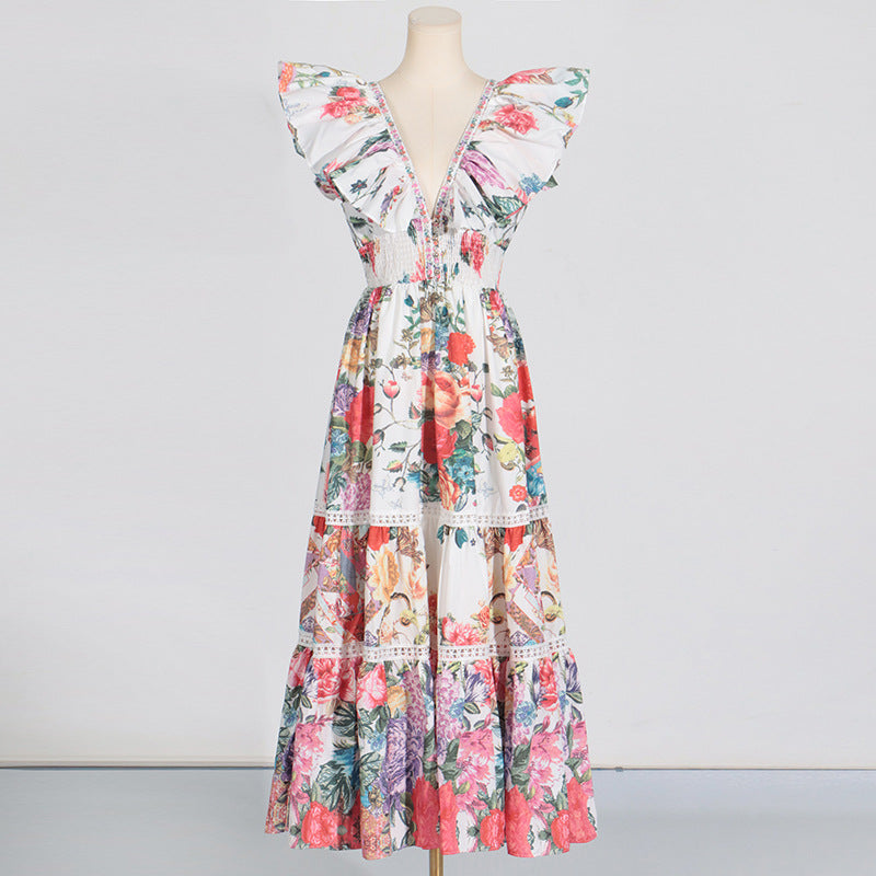 Spring Deep V Plunge neck Ruffled Sleeve Maxi Dress Ruffled Stitching Printing Design Waist Slimming Dress for Women