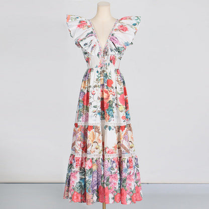 Spring Deep V Plunge neck Ruffled Sleeve Maxi Dress Ruffled Stitching Printing Design Waist Slimming Dress for Women