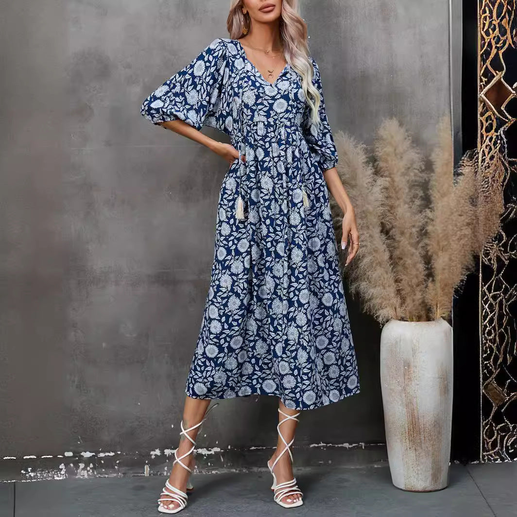 V neck Half Sleeve Rayon Dress Bohemian Holiday Beach Dress